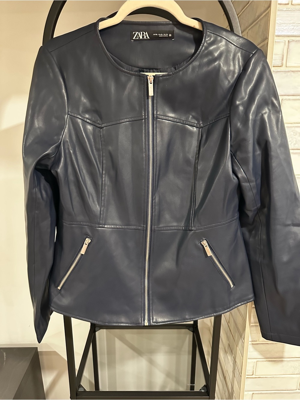 Zara Navy Faux Leather Zip-Front Jacket